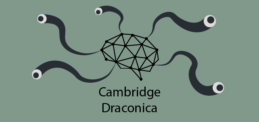 Cambridge Analytica logo with creepy eyesnakes and a subtext saying Cambridge Draconica